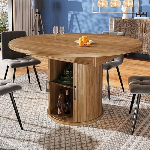 Extendable Round Dining Table Walnut Storage 118-158cm Oval