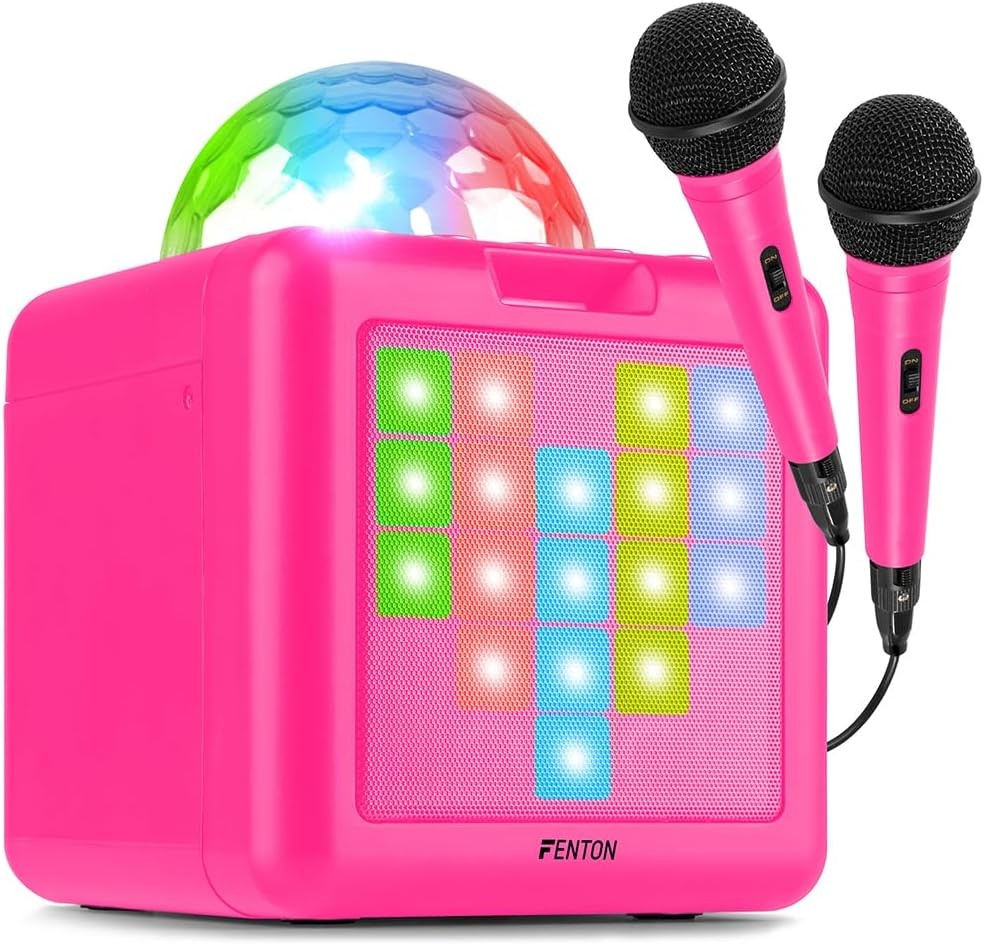 Fenton KAR15P Pink Karaoke Machine, Bluetooth, 2 Mics, LED Lights