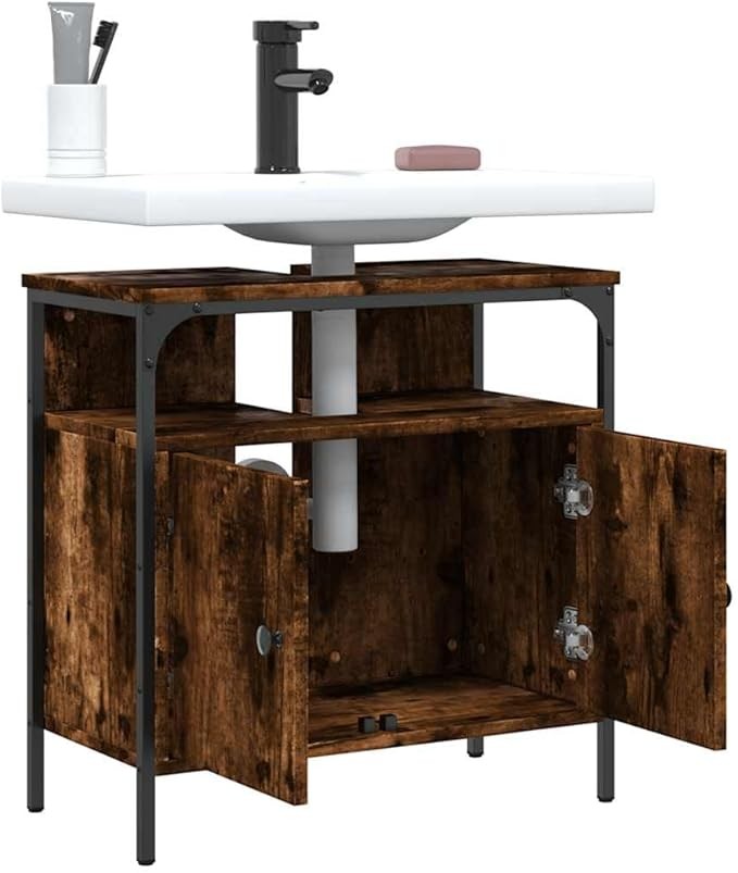 Smoked Oak Bathroom Sink Cabinet 60x30x60cm Rustic Under Sink Storage Unit