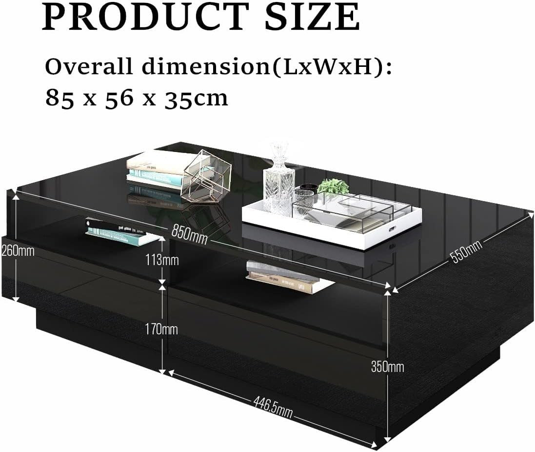 Modern Black Gloss Coffee Table with 4 Drawers & LED Light 85x55x35cm