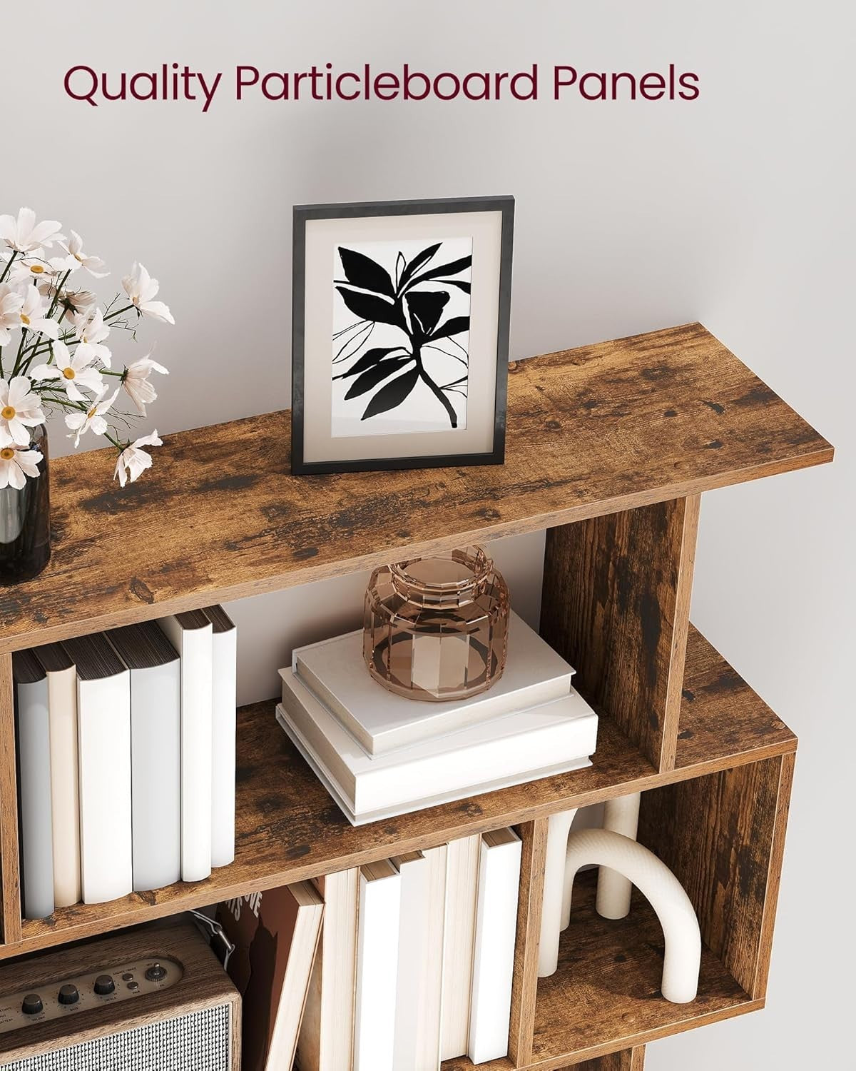 5 Tier S Shaped Bookcase Rustic Brown Bookshelf Storage Unit 90cm Wide