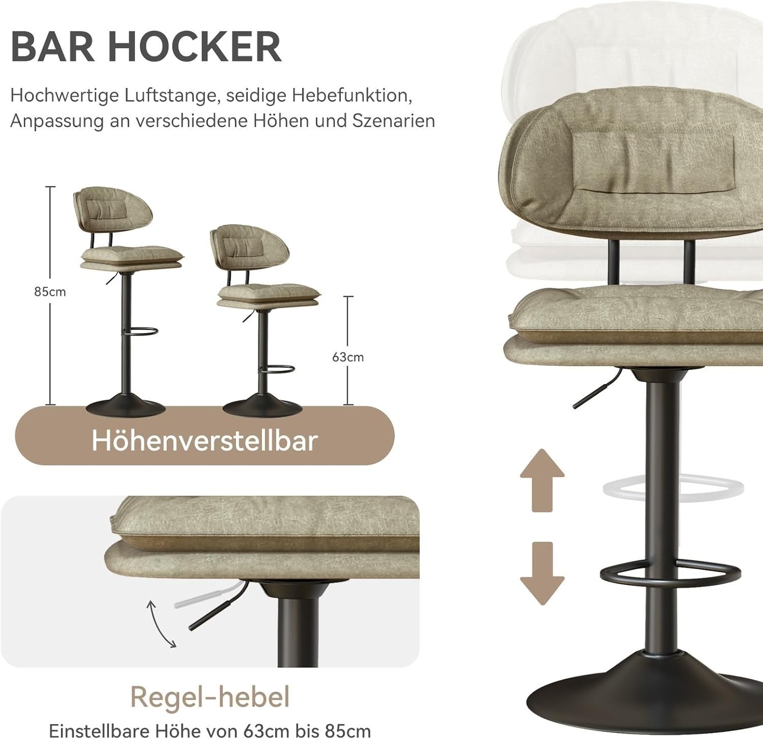 Beige Adjustable Swivel Bar Stools Set of 2 with Back Fabric Counter Height