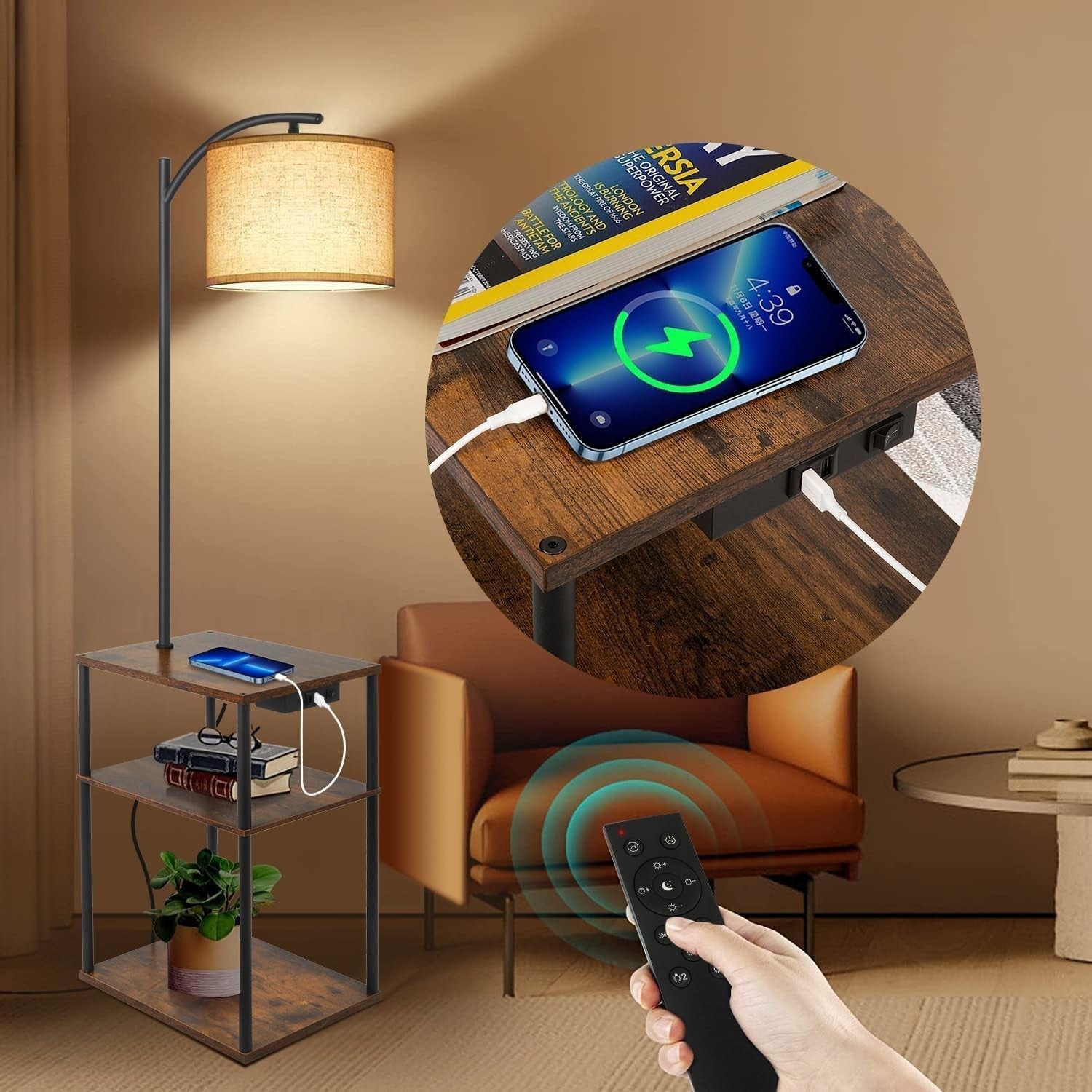 3-Way Dimmable Floor Lamp with Table USB Ports Shelves for Living Room