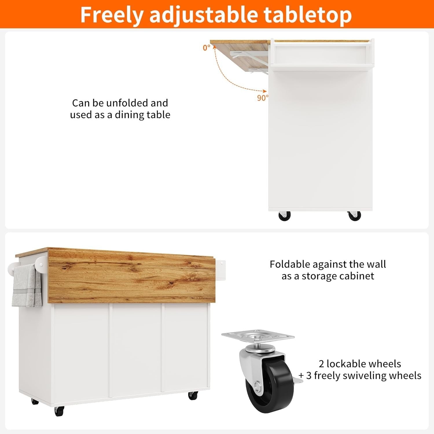 White Natural Kitchen Island Foldable Table Wine Rack