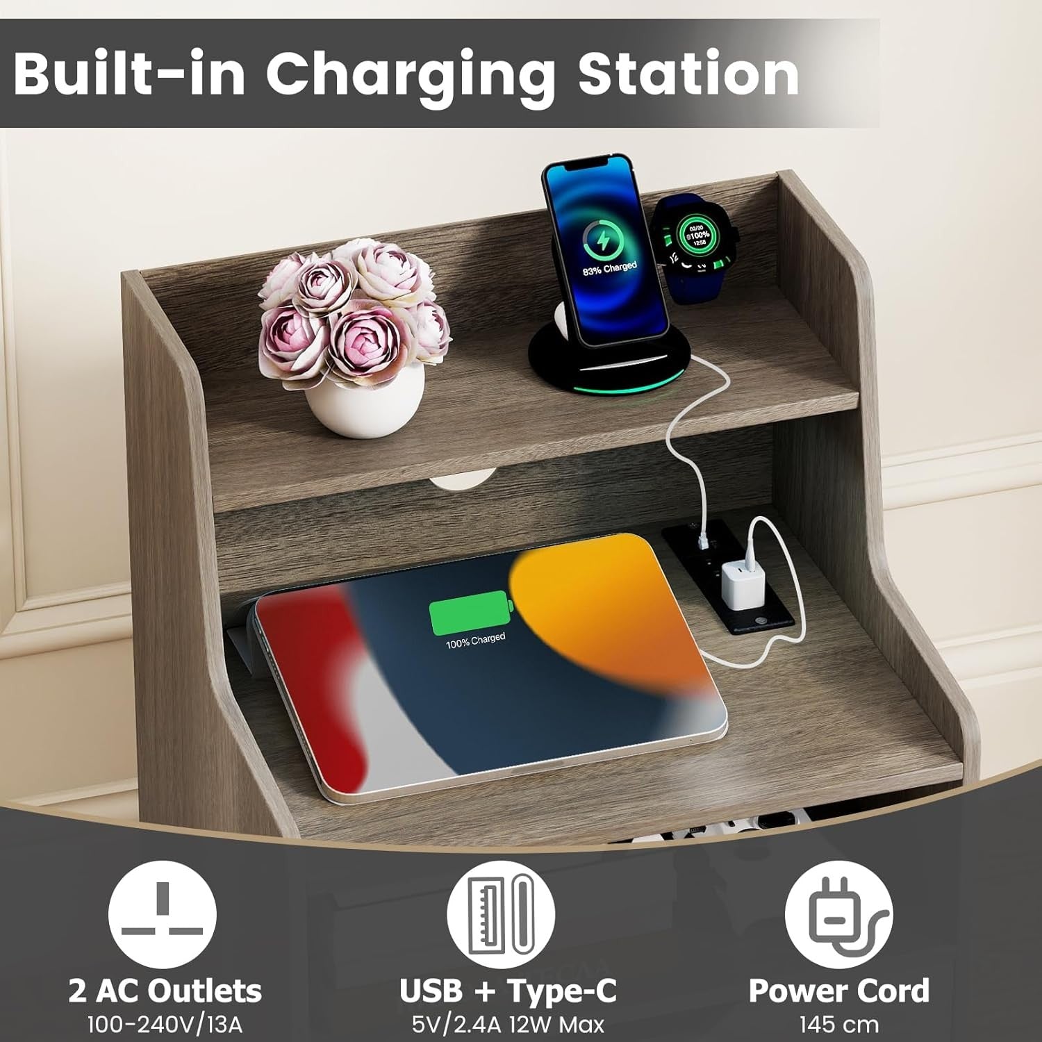 LED Bedside Table with Charging Station, Drawers & RGB Lighting Storage Unit