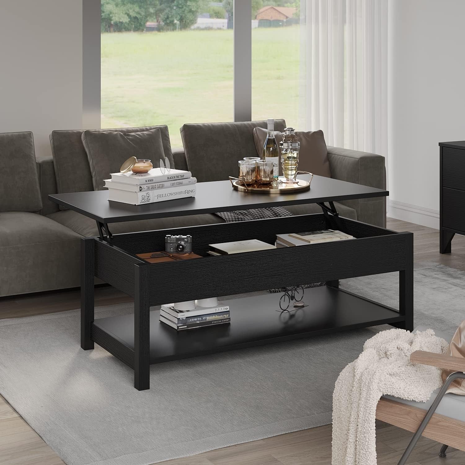 Lift-Up Top Coffee Table with Hidden Storage & Open Shelf, Black Wood