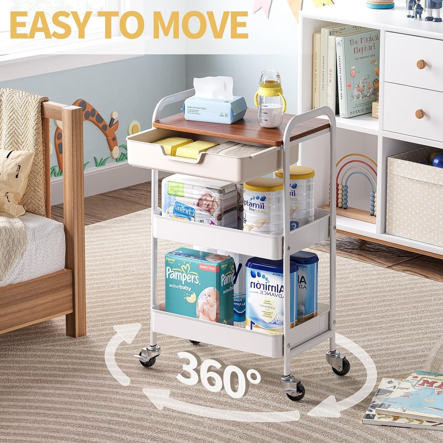 3 Tier Storage Trolley on Wheels with Drawer Wooden Top Kitchen