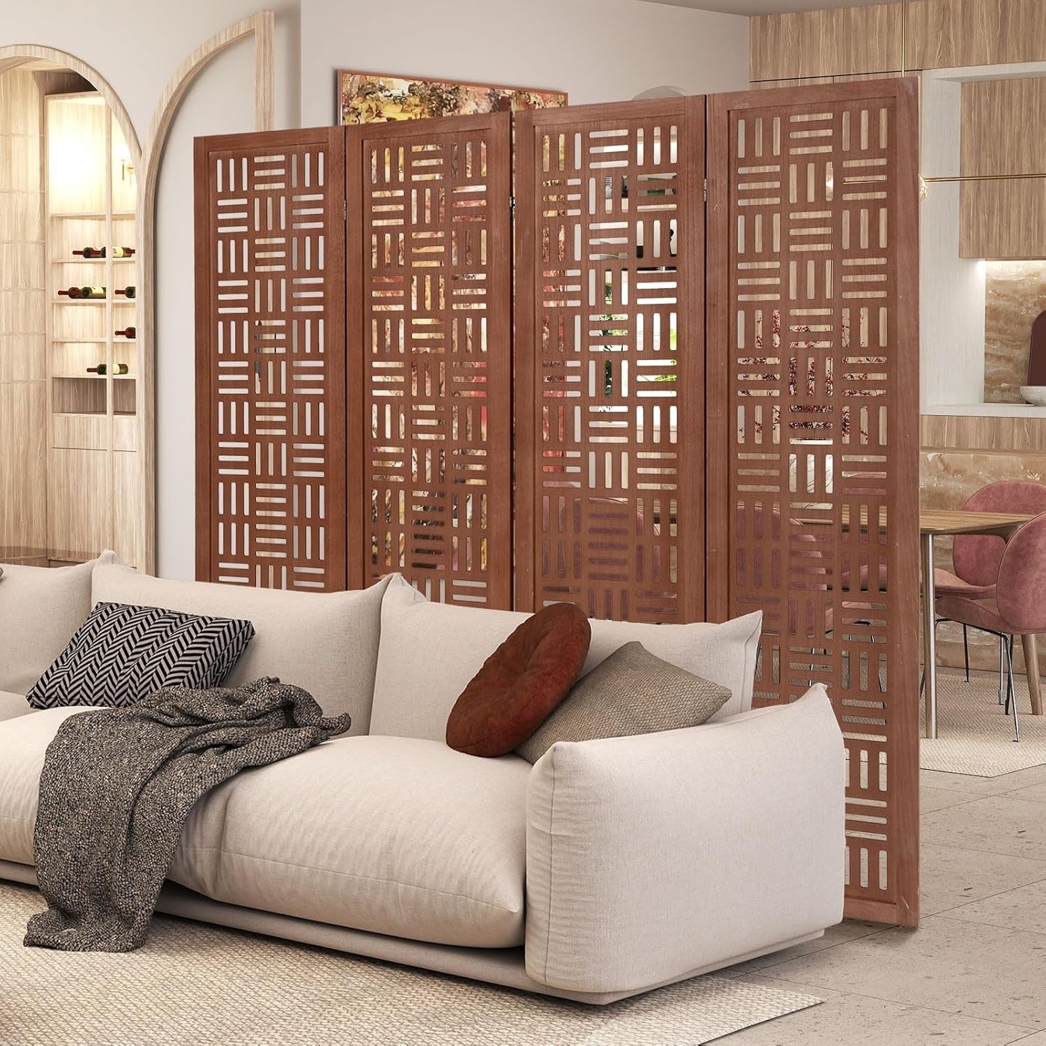 4 Panel Brown Carved Wood Folding Room Divider Privacy Screen 160x165cm