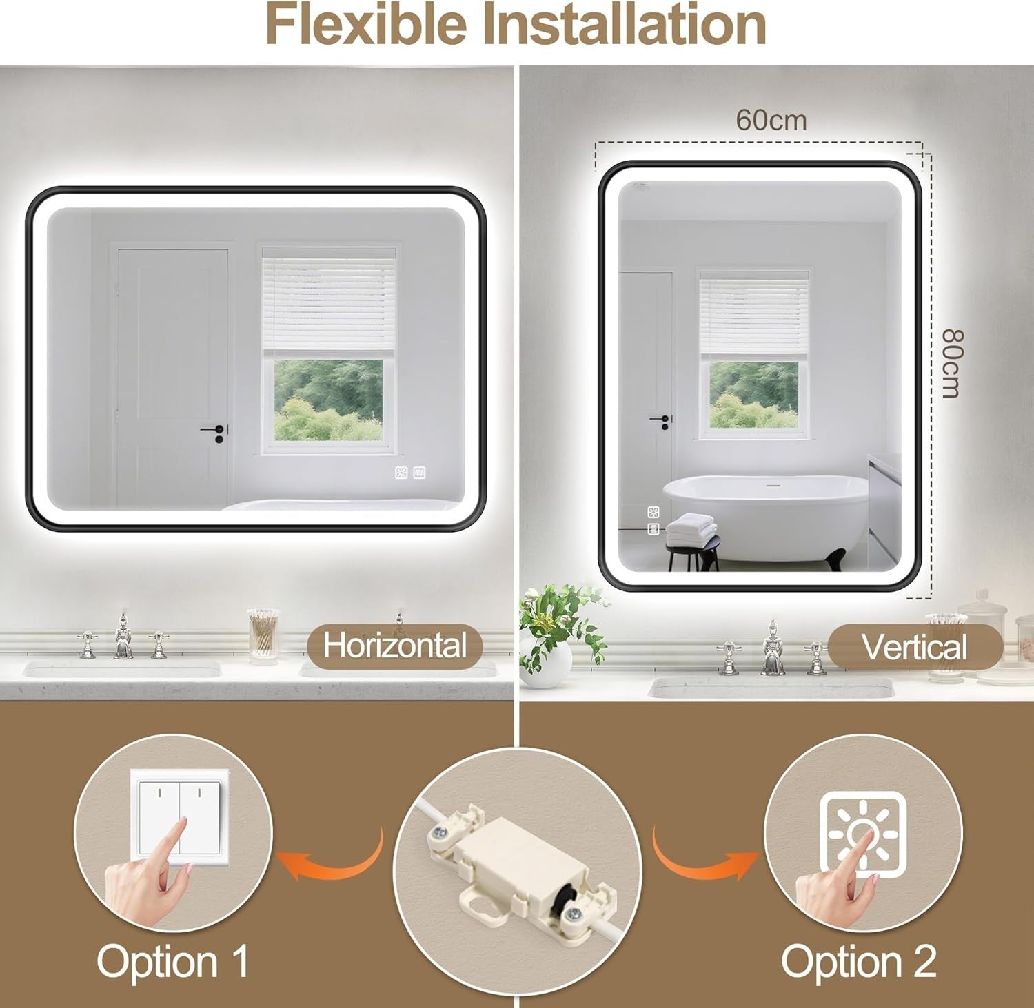 LED Bathroom Mirror 80x60cm Anti-Fog, Dimmable, Waterproof, Memory Function