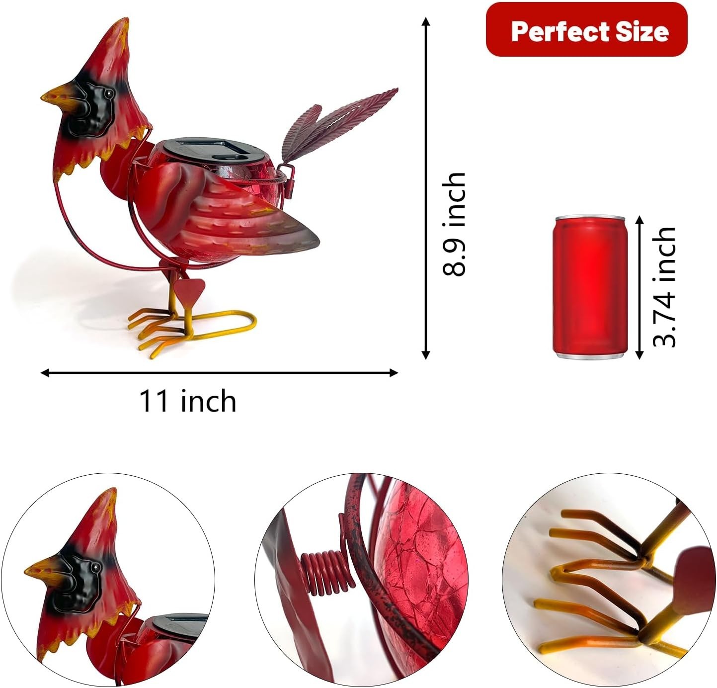 Solar Cardinal Garden Light Metal Bird Ornament Outdoor LED Yard Patio Decor