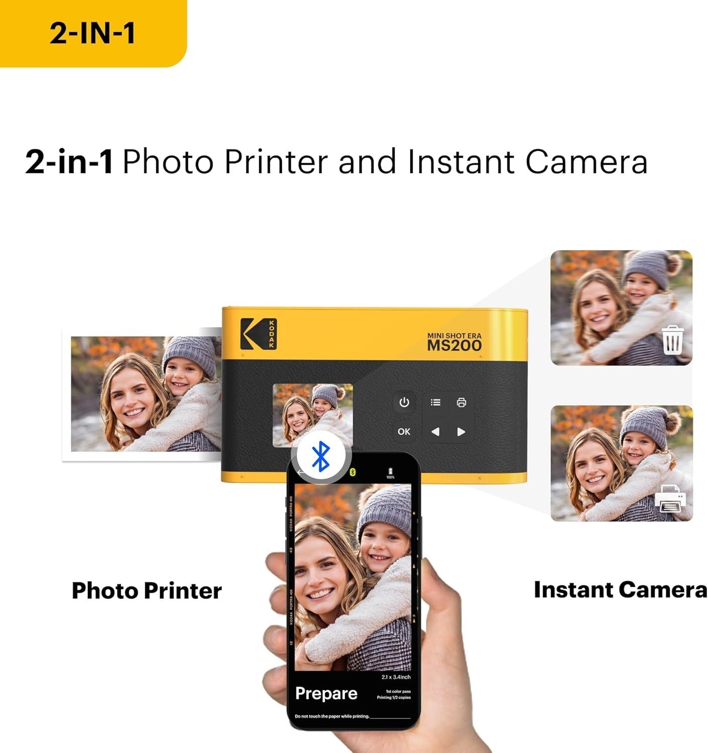 2-in-1 Instant Camera Photo Printer 4PASS Bluetooth Yellow 8 Sheets