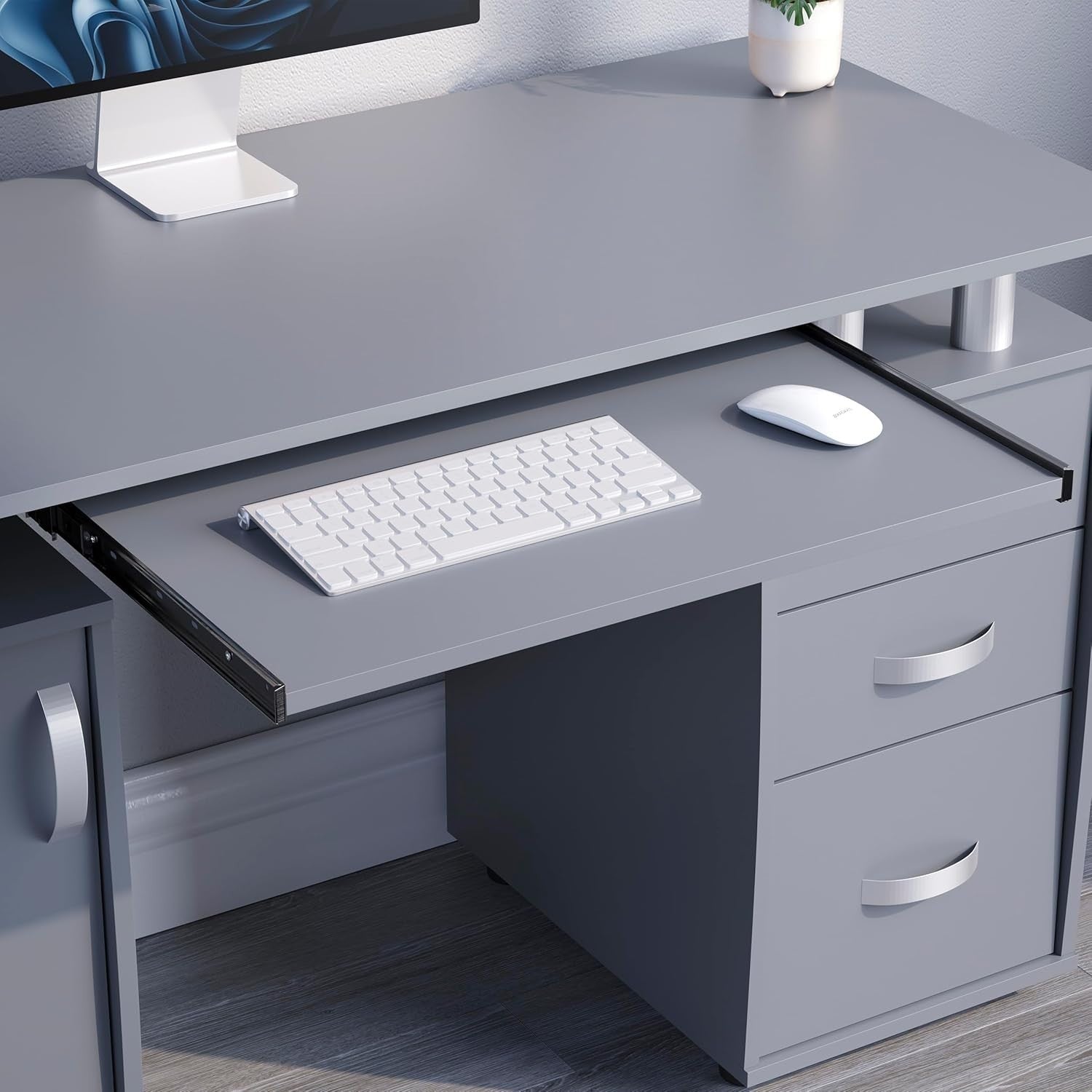 Grey 3 Drawer Computer Desk w/Shelves & Keyboard Tray, 120cm Workstation