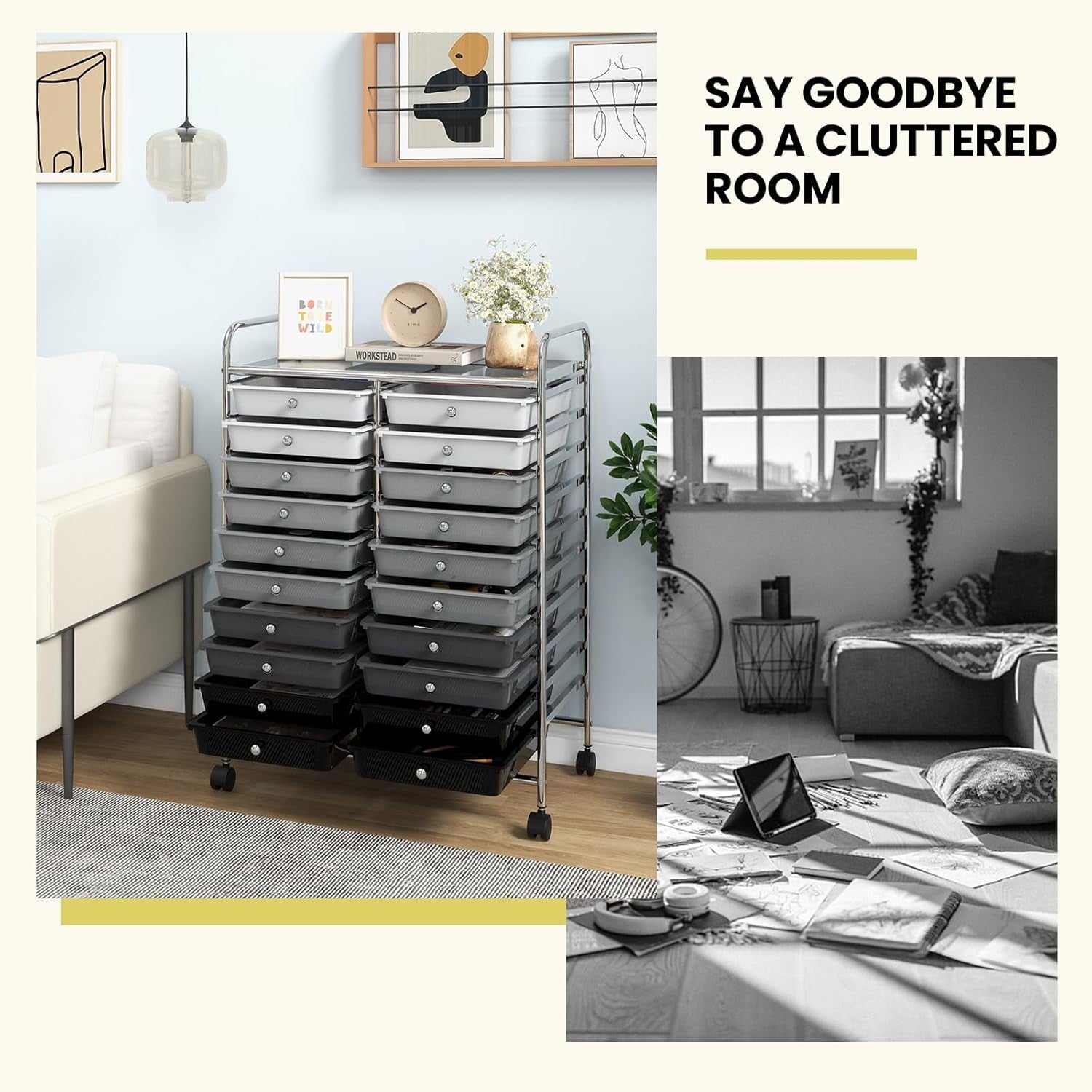 20 Drawer Rolling Storage Trolley Organiser Cart Beauty Office Black