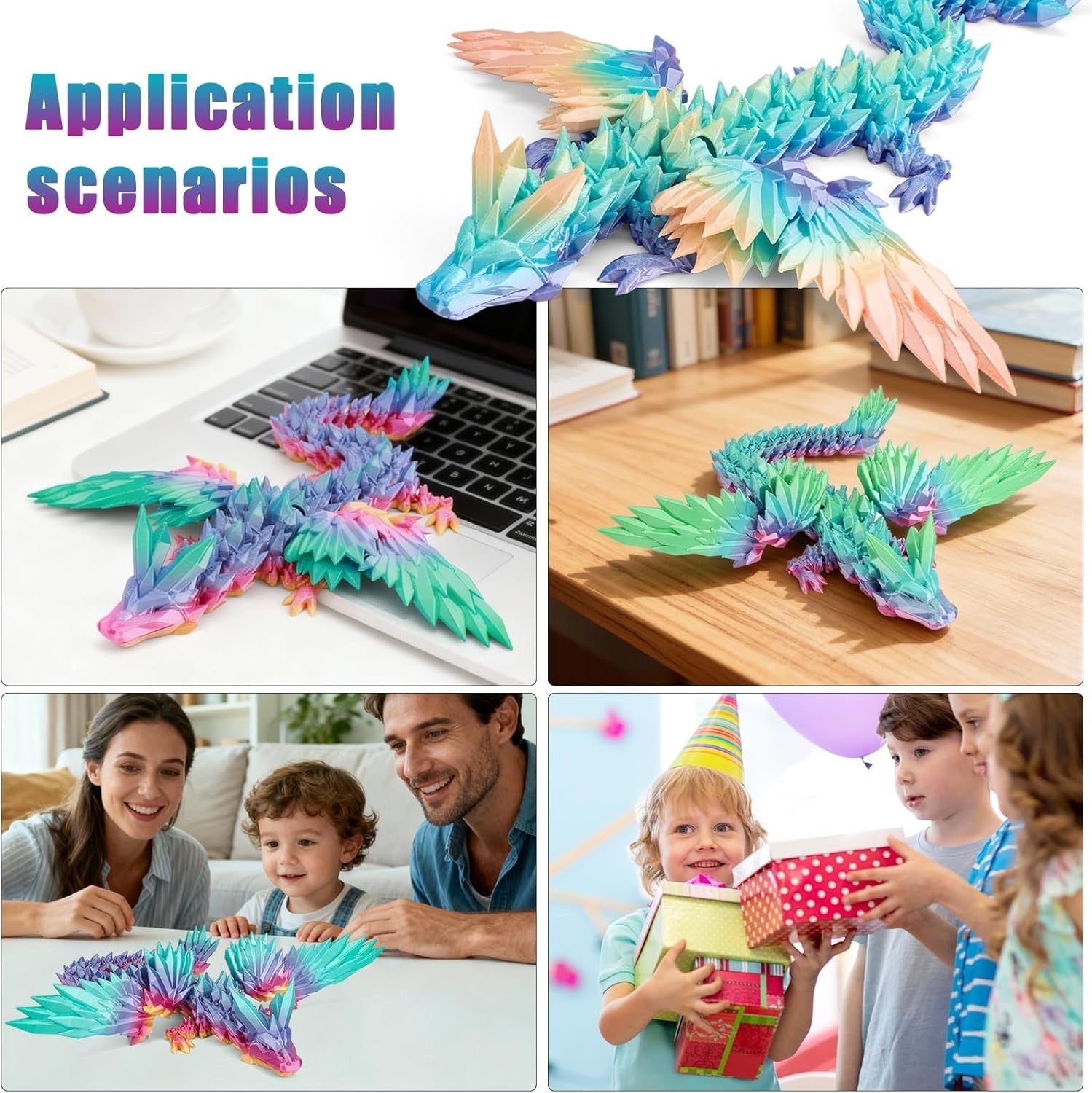 Large 3D Printed Crystal Winged Dragon Articulated Fidget Desk Decor