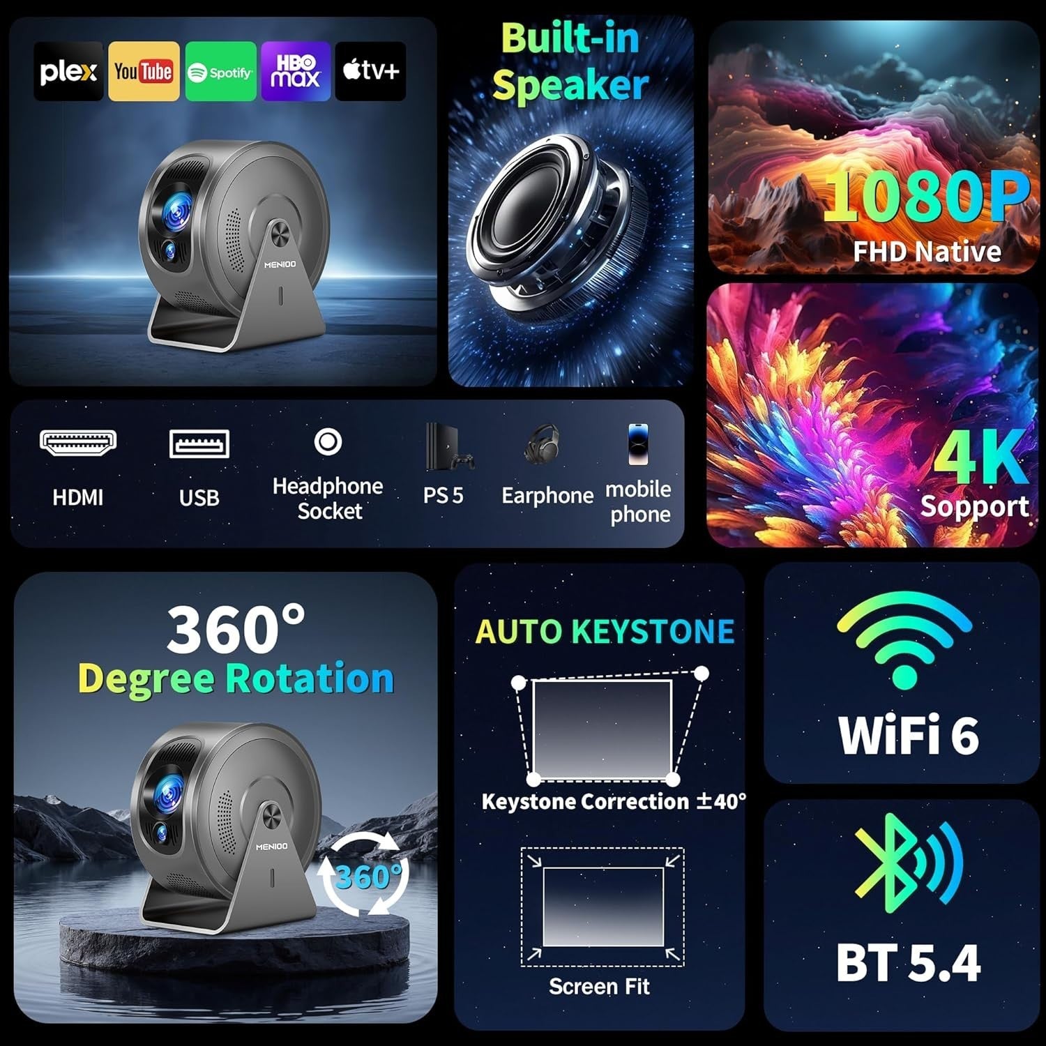 Mini Smart Projector 4K Support Auto Focus WiFi 6 Bluetooth 360°