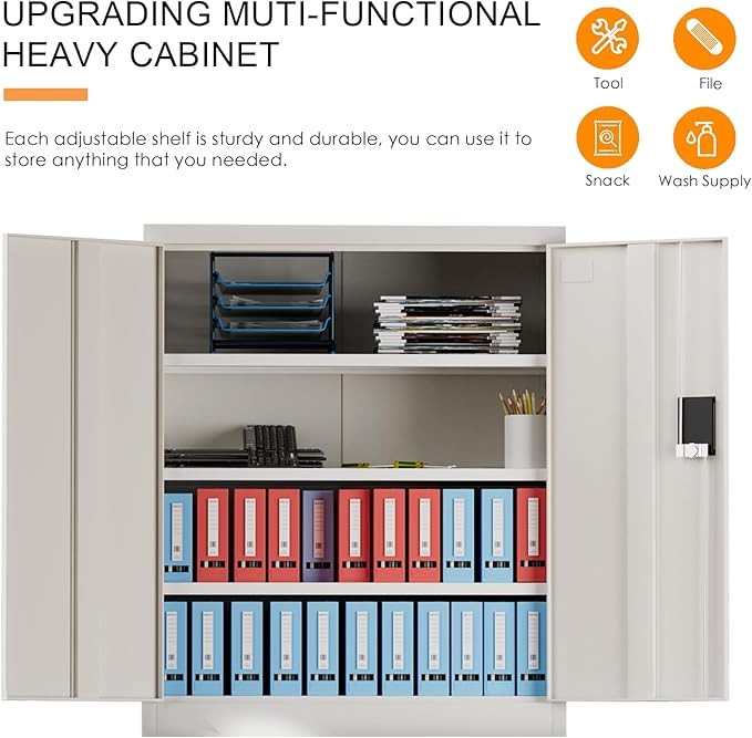 Metal Storage Cabinet with Lock, 3 Adjustable Shelves 109CM Office Cupboard