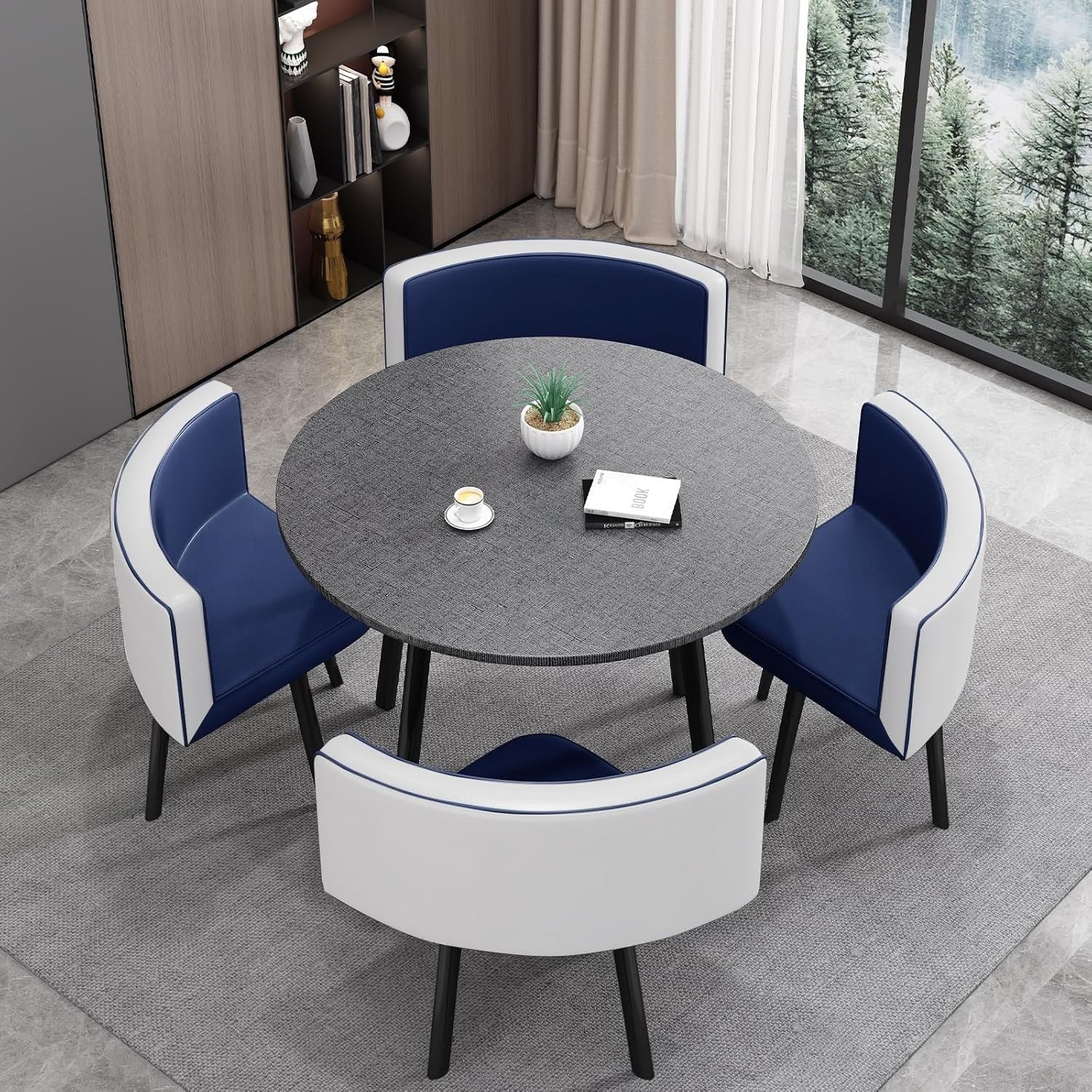 Modern Grey 35.4" Dining Table Set w/ 4 Blue Chairs – Space-Saving Faux Marble
