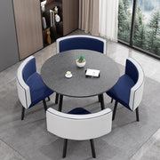 Modern Grey 35.4" Dining Table Set w/ 4 Blue Chairs – Space-Saving Faux Marble