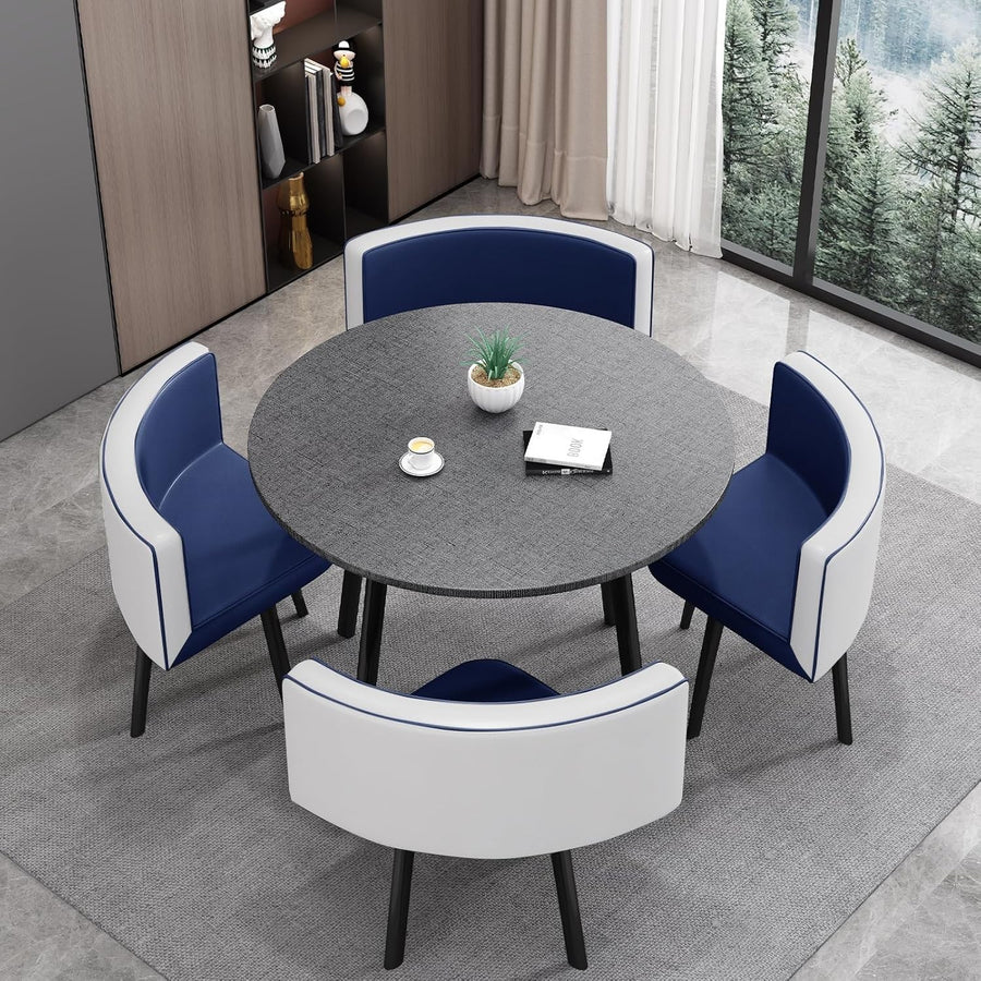 Modern Grey 35.4" Dining Table Set w/ 4 Blue Chairs – Space-Saving Faux Marble