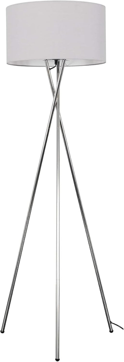 Modern Chrome Tripod Floor Lamp Pale Grey Shade Tall Living Room Light