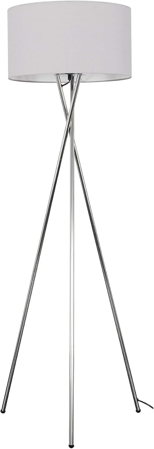 Modern Chrome Tripod Floor Lamp Pale Grey Shade Tall Living Room Light