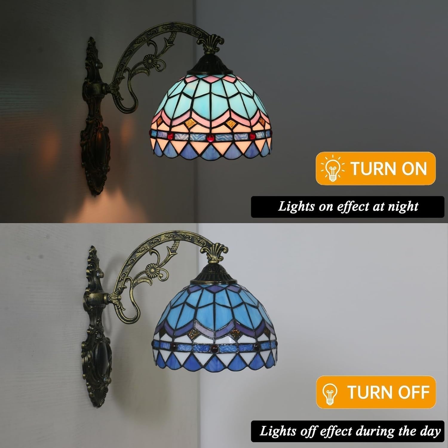 Mediterranean Stained Glass Wall Light 8in Vintage Indoor Sconce
