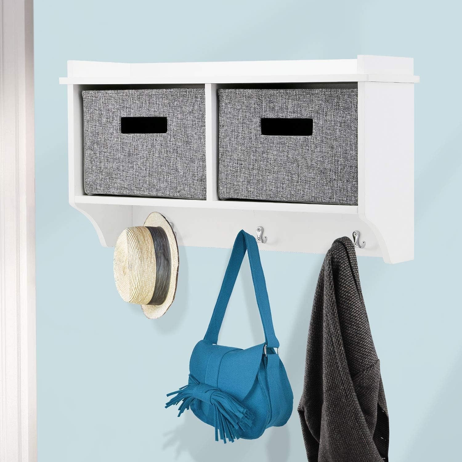 White Wall Mounted Coat Rack | 3 Hooks & 2 Fabric Baskets Hallway Shelf