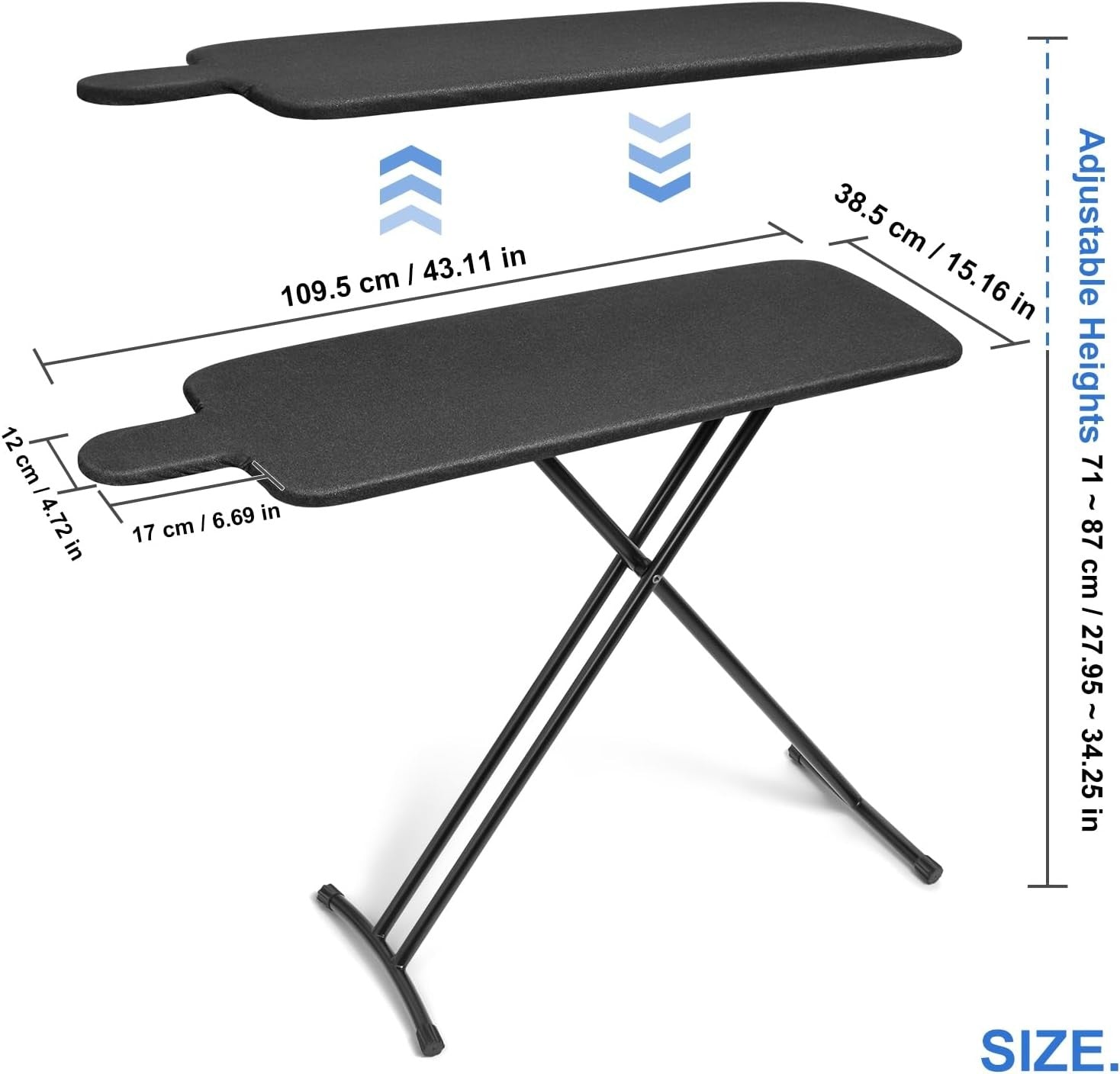 Compact Folding Ironing Board 109x38cm Black Heat Resistant Thick Pad