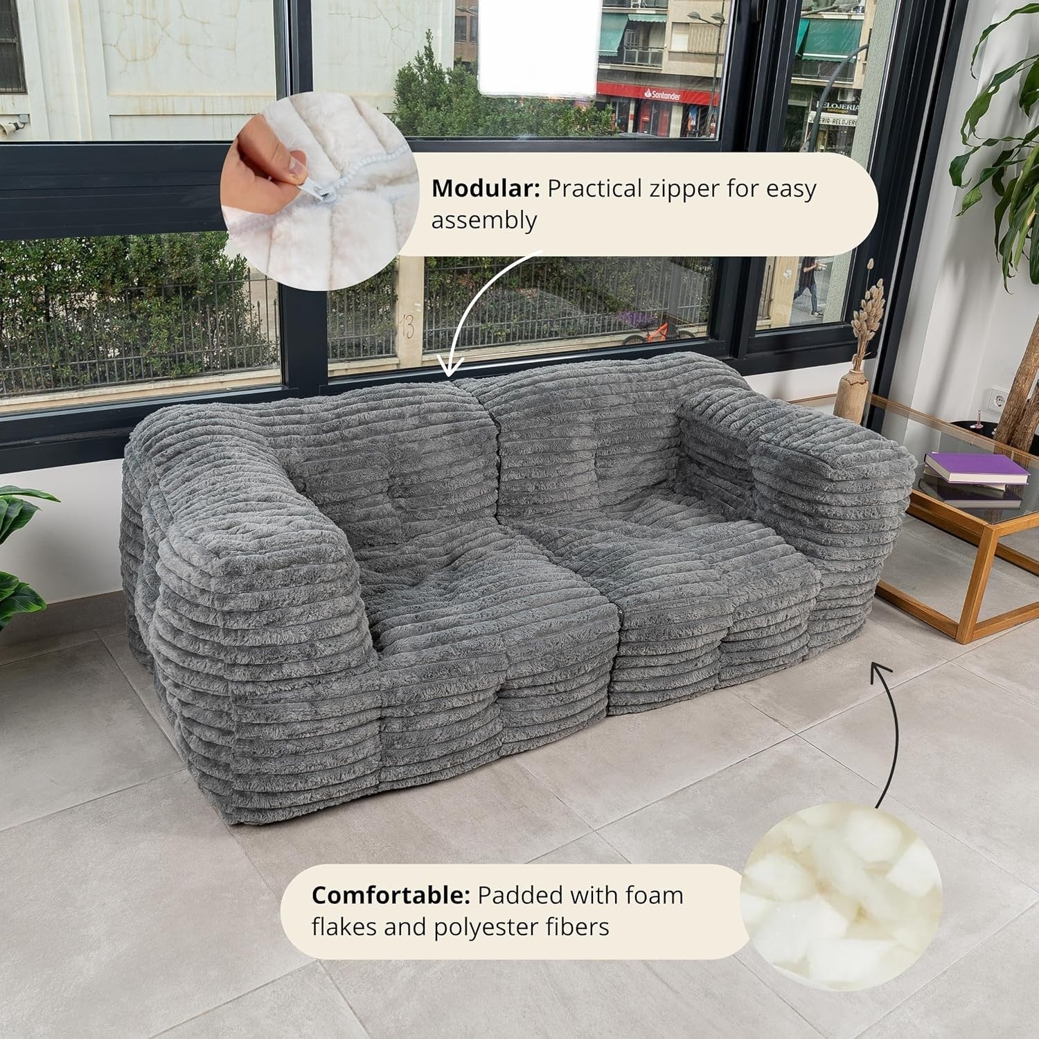 3 Seater Faux Fur Sofa Bed Grey | Modular Ribbed Lounge Couch Convertible