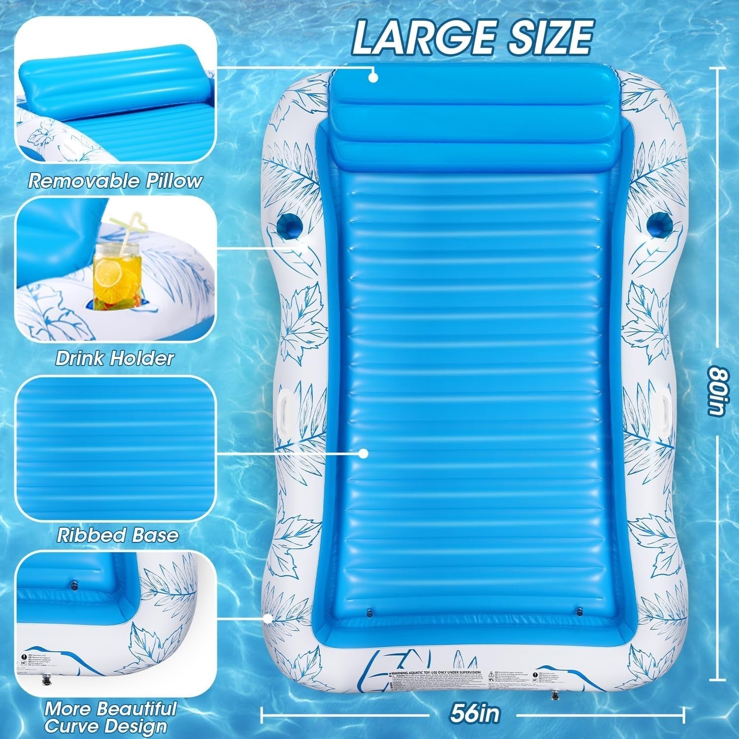 Extra Large Inflatable Pool Lounger Float Sunbathing Raft w/ Cup Holders