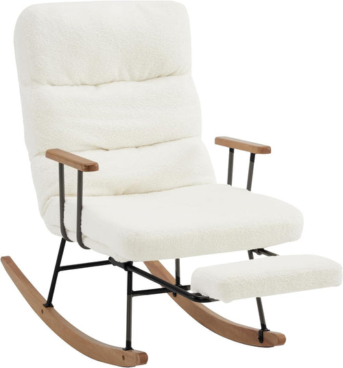 Reclining Bouclé Rocking Chair w/ Footrest – Soft Fleece, 5-Position, White