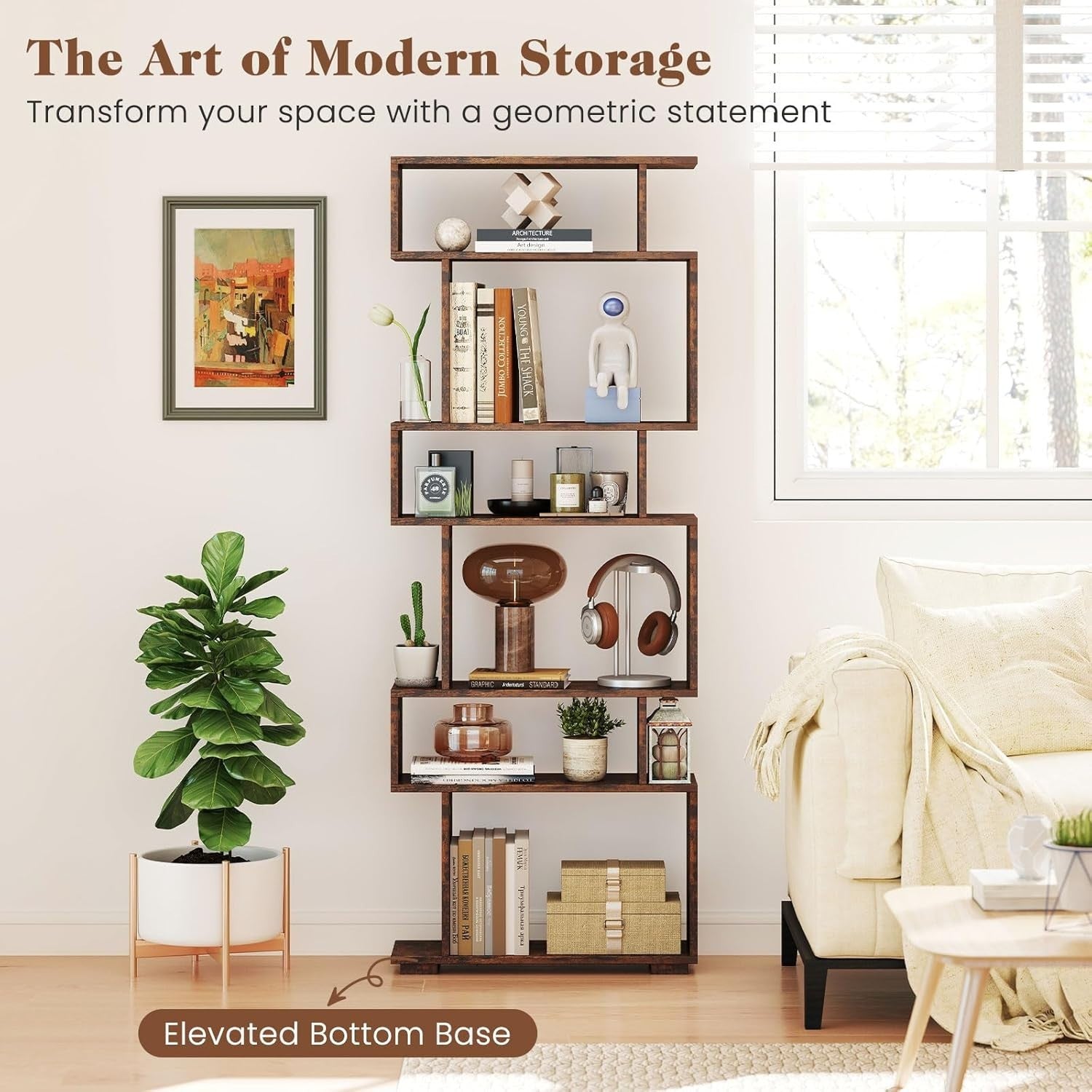 6-Tier S-Shaped Bookshelf Ladder Shelf with Anti-Tip Kits, Rustic Brown, Tall St
