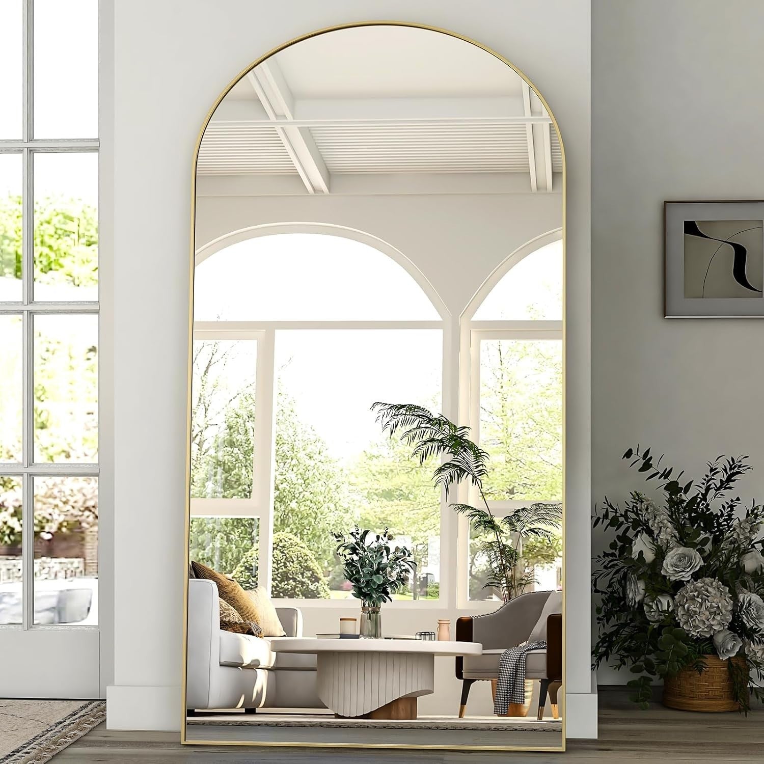 Oversized Full Length Mirror 218x102cm Arch Wall Standing Gold FrameOversized