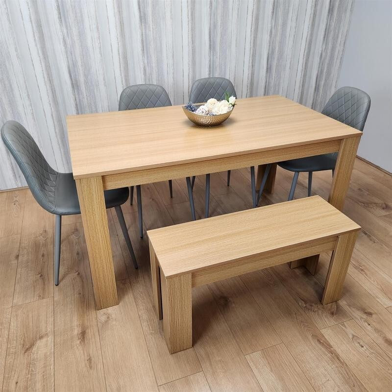 6 Seater Oak Dining Table Set with Bench & 4 Grey Chairs for Kitchen