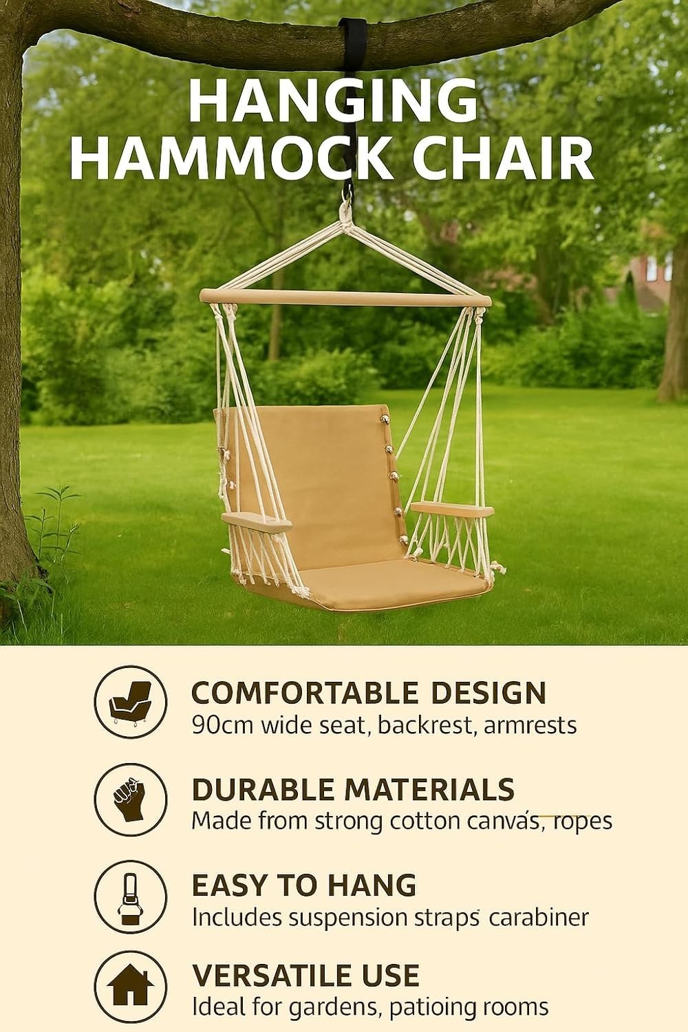 Heavy Duty Hanging Hammock Chair with Armrests & Suspension Straps, 120kg Capaci