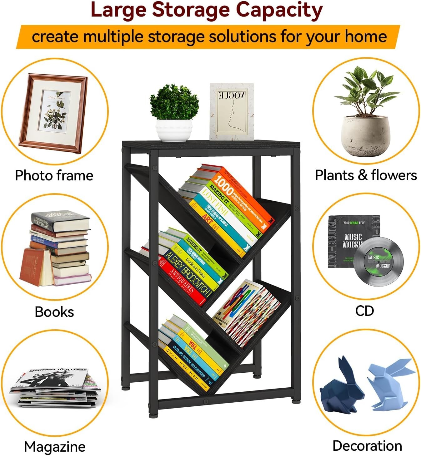 5-Tier Black Tree Bookshelf Small Desktop Storage Organizer Shelf