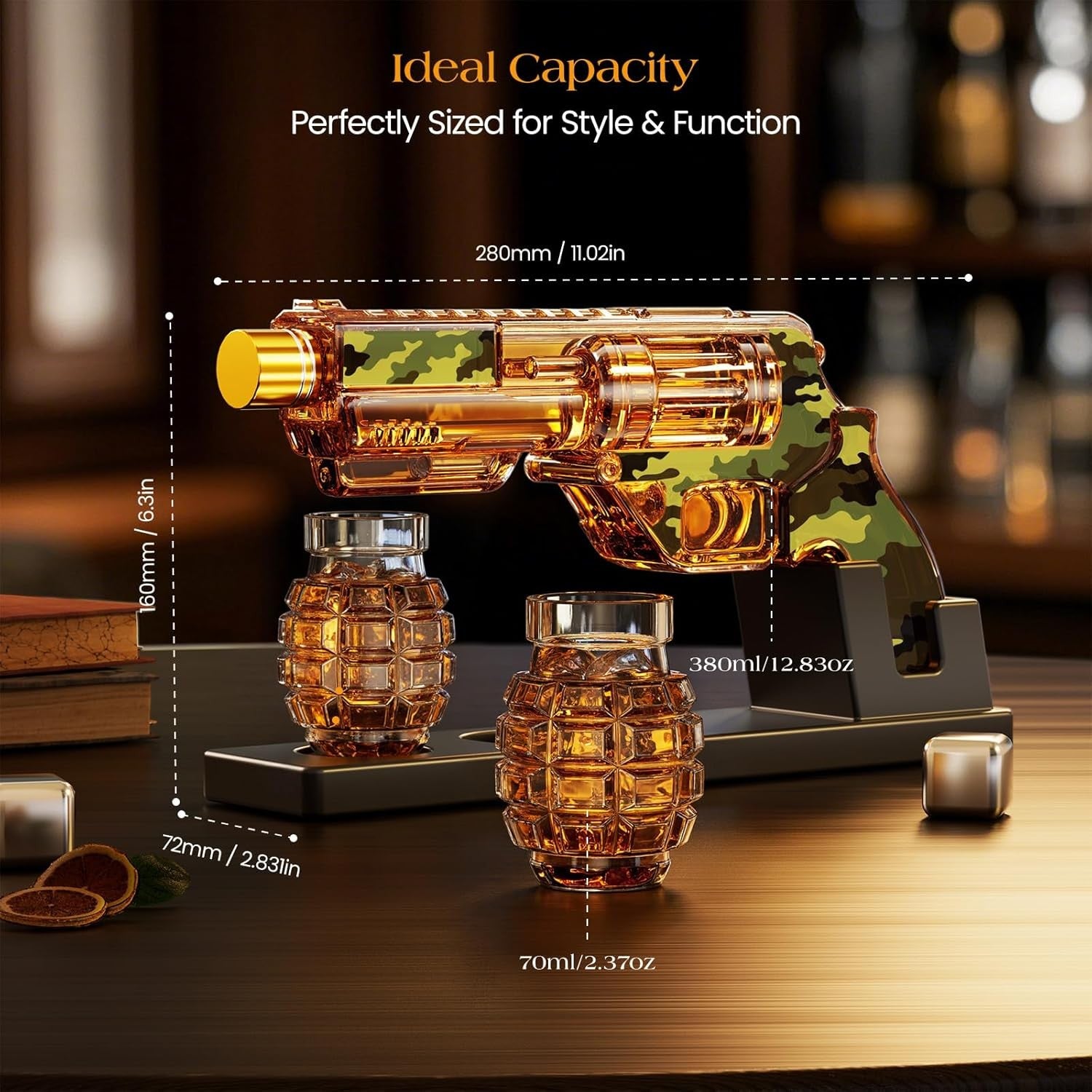 Camouflage Gun Whiskey Decanter Set with Grenade Shot Glasses & Stand 380ml