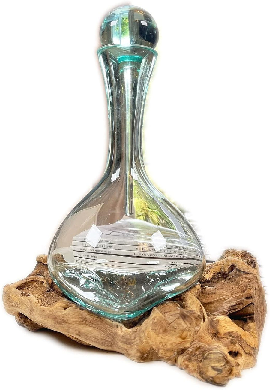 Handmade Molten Glass Whisky Decanter With Teak Root Stand Art Gift