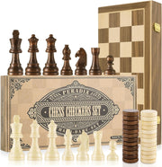 15" Magnetic 2-in-1 Wooden Chess & Draughts Board Set w/ Extra Queens