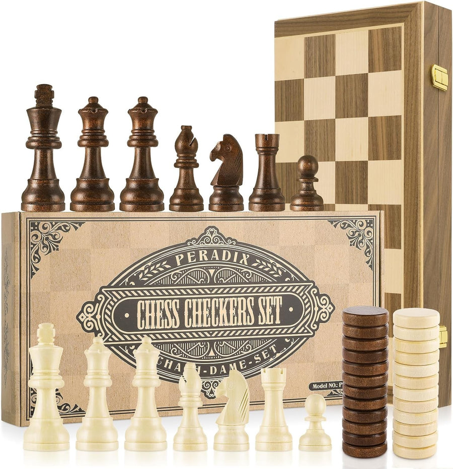 15" Magnetic 2-in-1 Wooden Chess & Draughts Board Set w/ Extra Queens