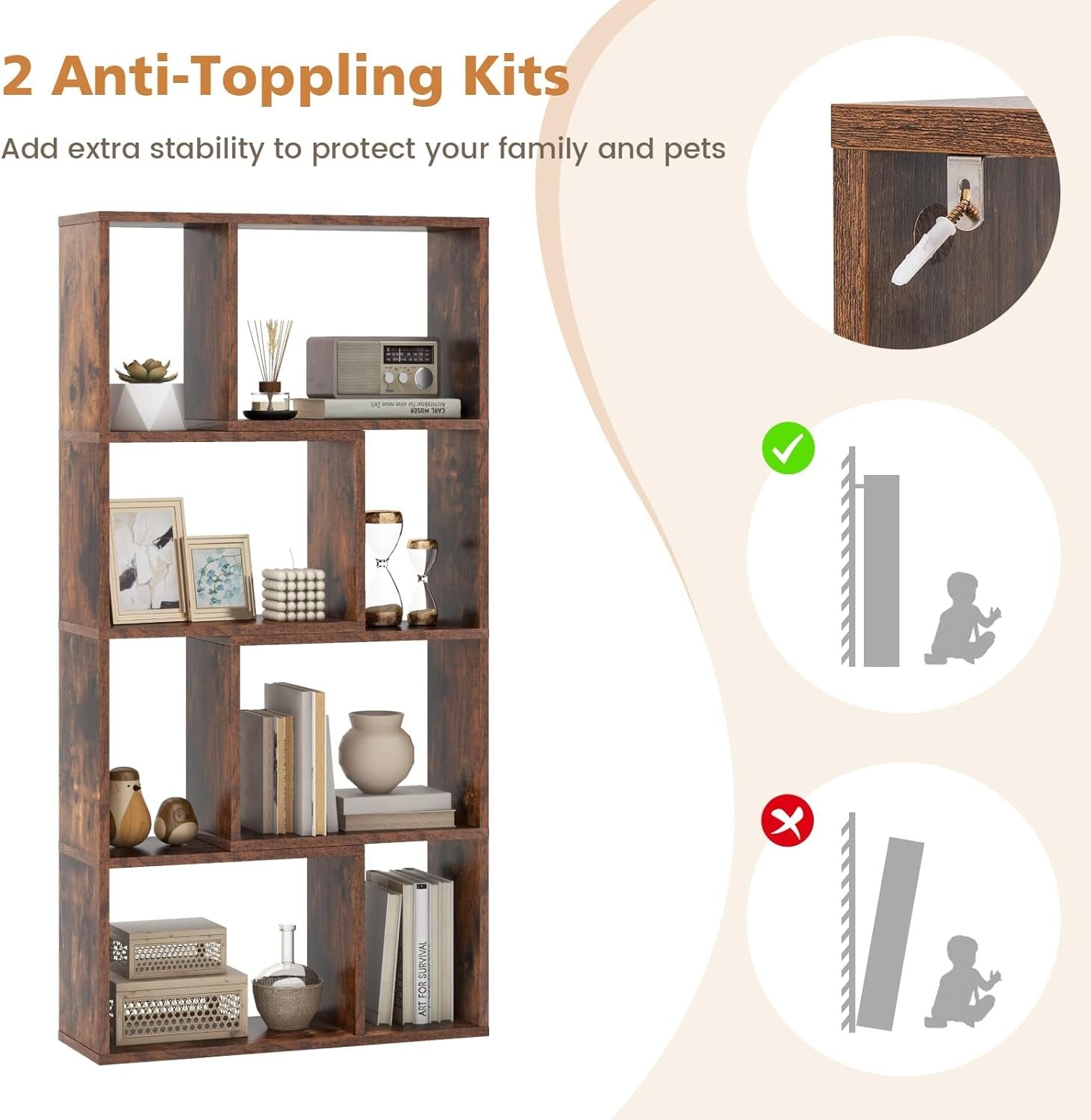 5-Tier Geometric Bookcase Rustic Brown Tall Cube Storage Shelf for Home Office
