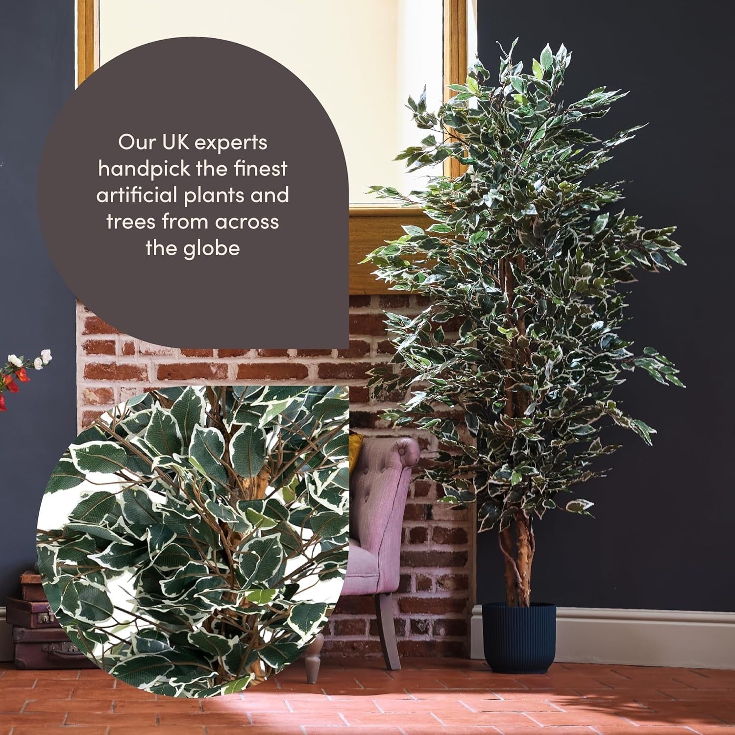 6ft Ficus Tree in Weighted Pot Faux Realistic Variegated Indoor Home Decoration