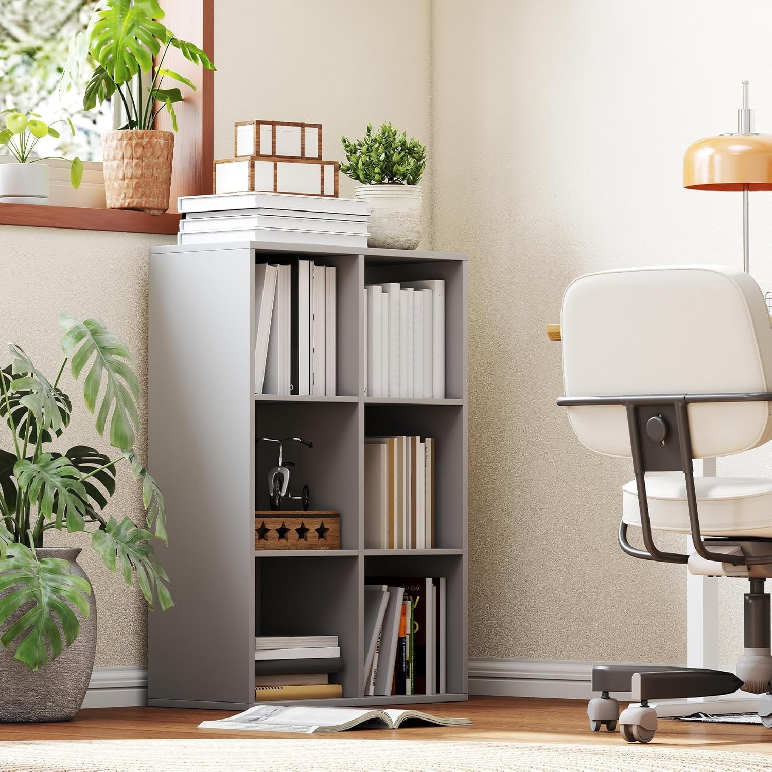 Modern 6-Cube Bookcase Storage Unit Light Grey Shelving for Living Room Office