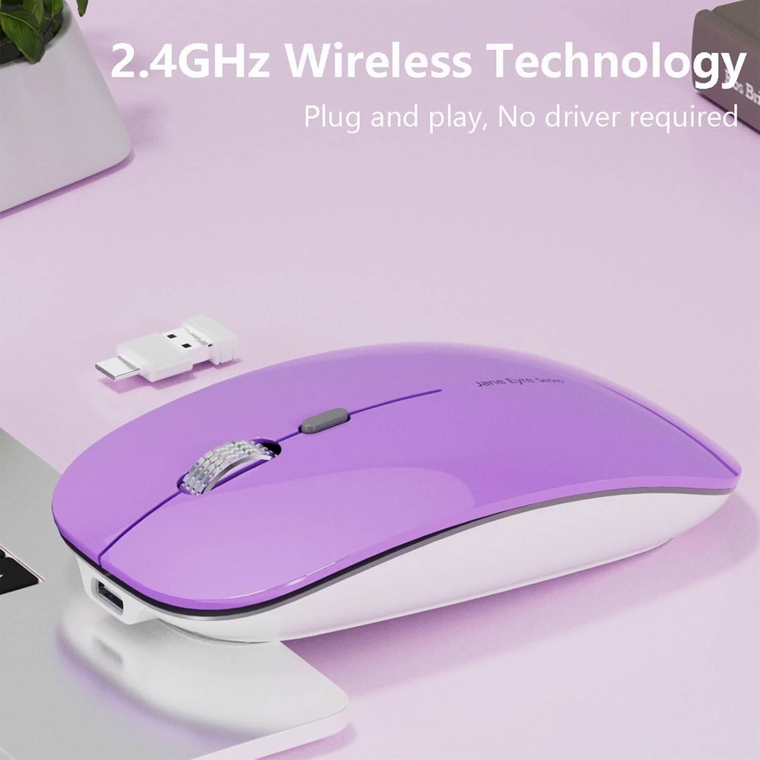 Portable Wireless Mouse Silent Rechargeable 2.4G 1600 DPI Purple