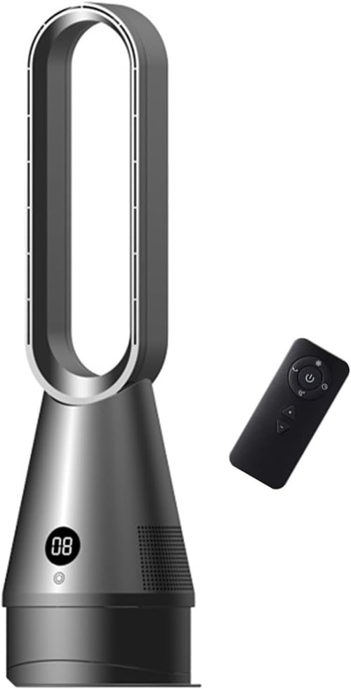 Grey Bladeless Tower Fan 8-Speed LED Display Quiet Cooling 9H Timer 32dB Modern