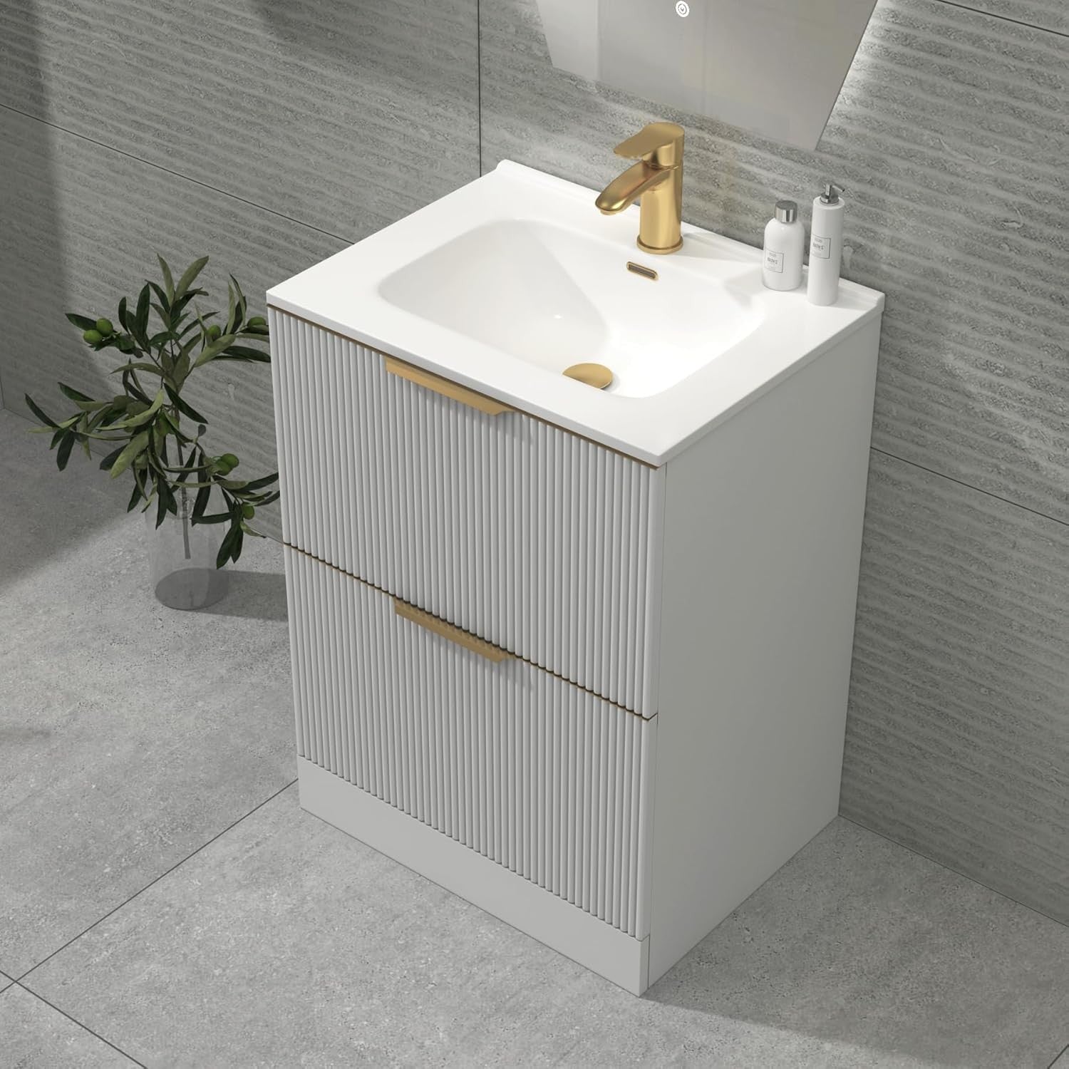 White 600mm Fluted Bathroom Vanity Unit with Basin & Brass Handles Modern
