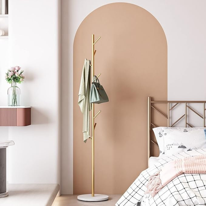 Gold Metal Coat Rack with Marble Base | Freestanding Hall Tree for Coats, Hats