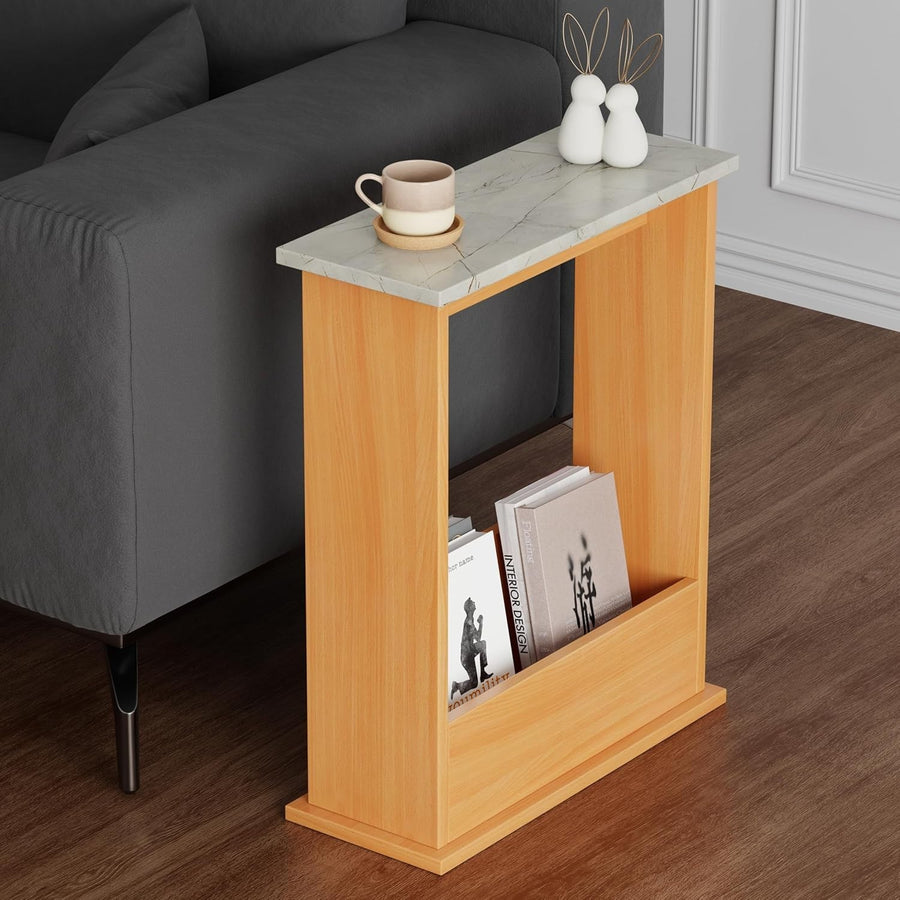 Modern Slim Side Table with Magazine Rack, Marble Top, Compact 55x45x18cm