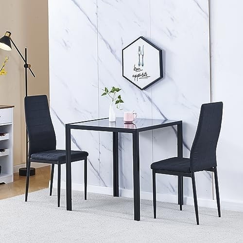 Square Glass Dining Table Set 75cm Black Linen Chairs 2 Seater Compact