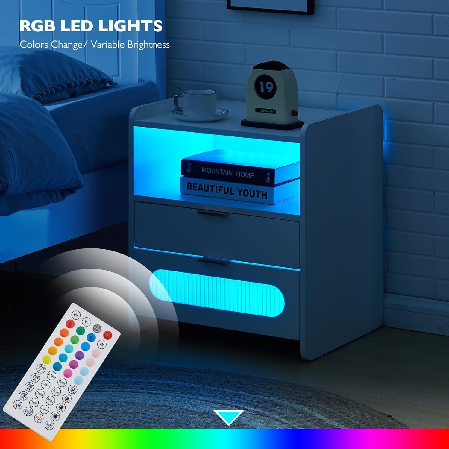 Modern White Bedside Table with LED Lights & USB Charging Ports, 2 Drawers